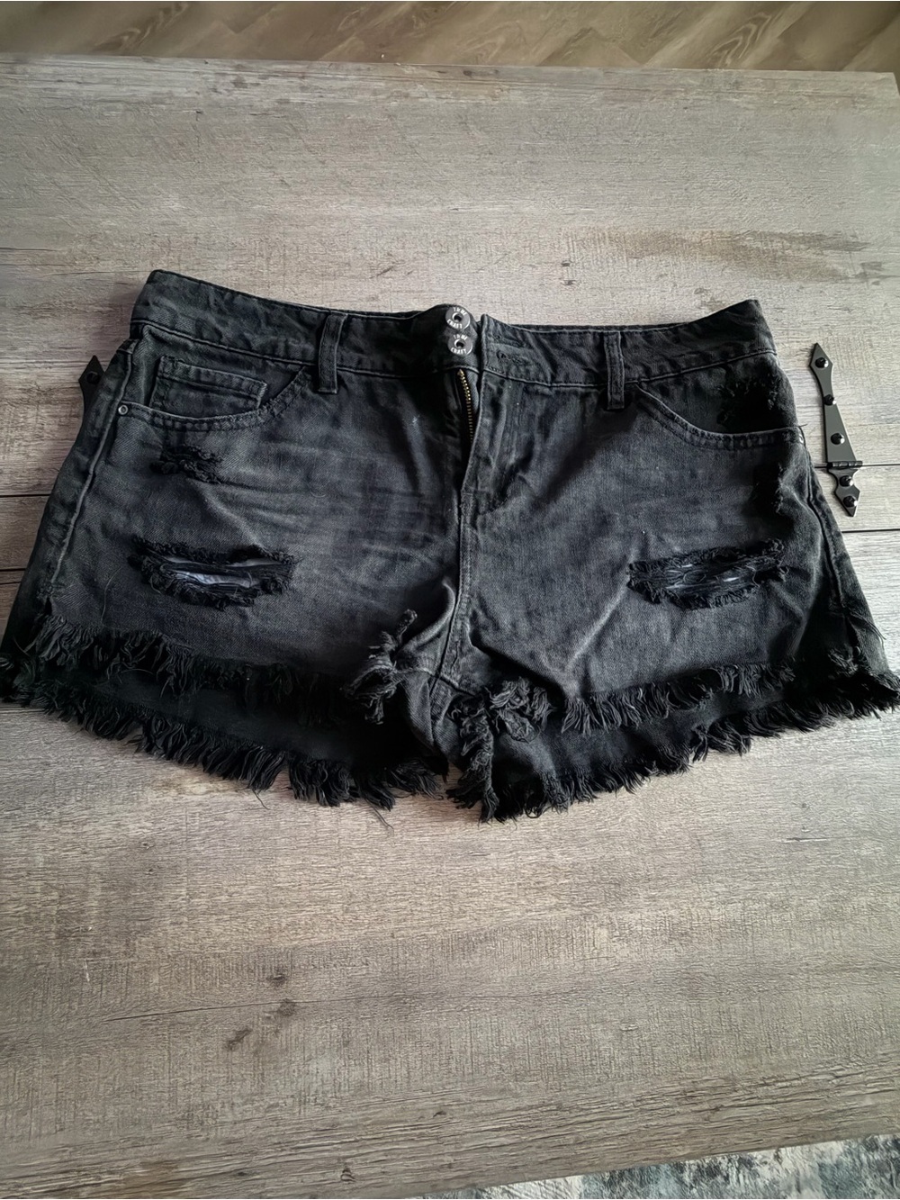 True Craft Black Distressed Denim Shorts